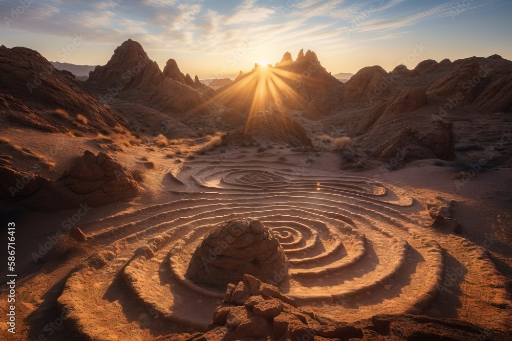Poster the sun is setting over a maze in a desert area with mountains in the background and a rock formatio
