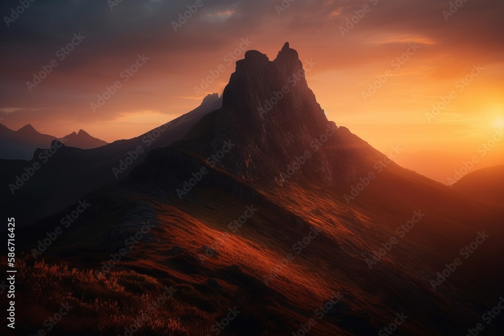 Poster a very tall mountain with a sunset in the sky behind it and a few clouds in the sky above it and a f