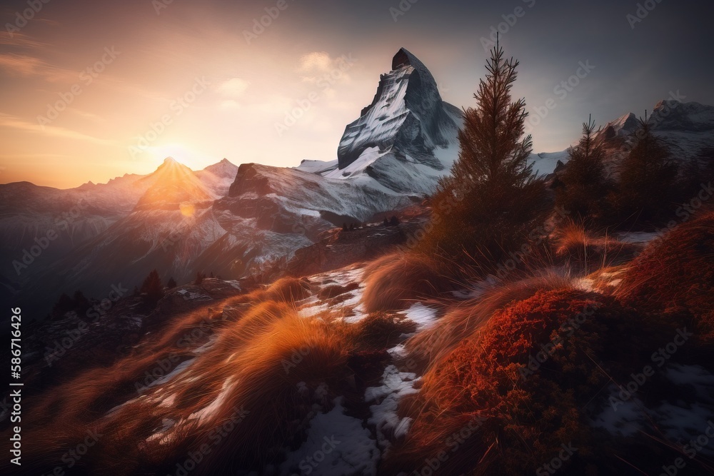 Poster a snowy mountain with trees on the side and a sunset in the background with clouds in the sky and a 