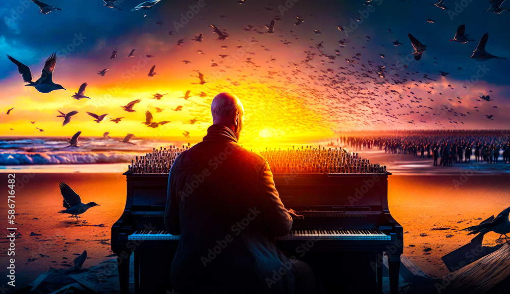 Poster man sitting at piano in front of flock of birds. generative ai.
