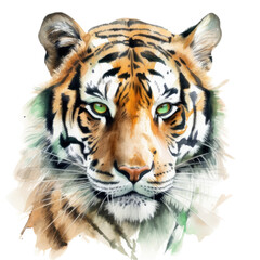 Fototapeta premium an isolated Bengal tiger portrait, face, stalking prey, fierce jungle-themed watercolor illustration on a transparent background in PNG. Generative AI