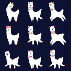 Llama set of cute animals. White alpaca with different muzzles © MichiruKayo