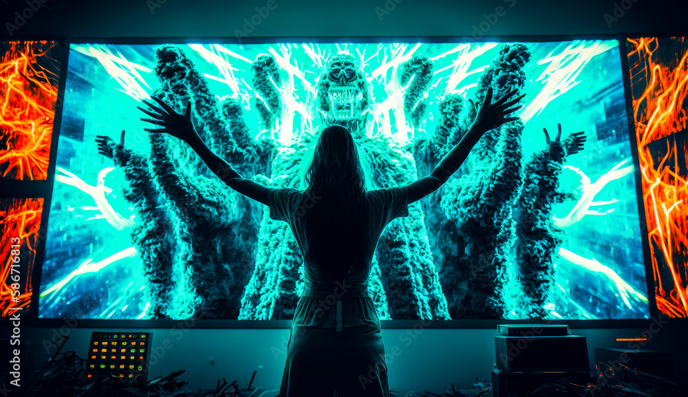 Poster person standing in front of large screen. generative ai.