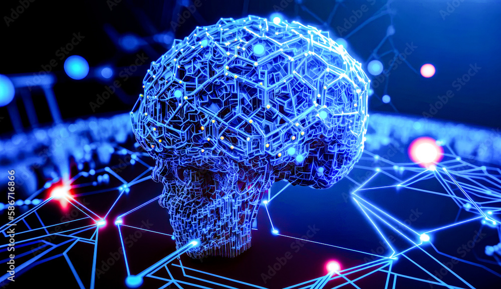 Poster human head made up of connected lines and dots. generative ai.