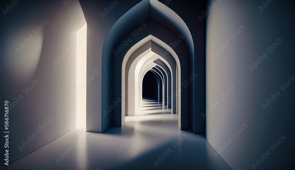 Aufkleber hallway with light at the end of it. generative ai.
