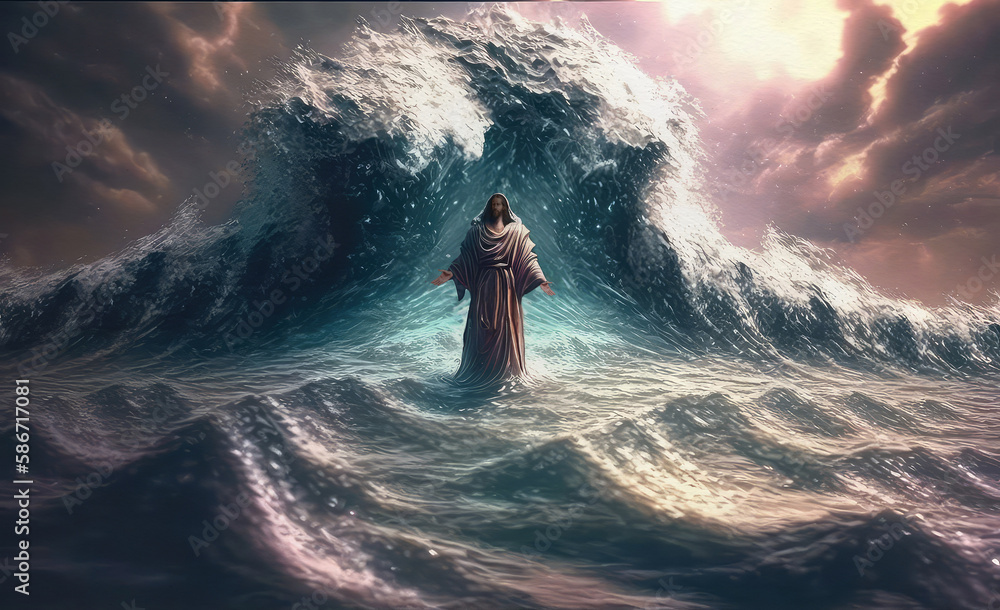 Poster jesus christ walking on water of the sea of galilee, biblical illustration, generative ai