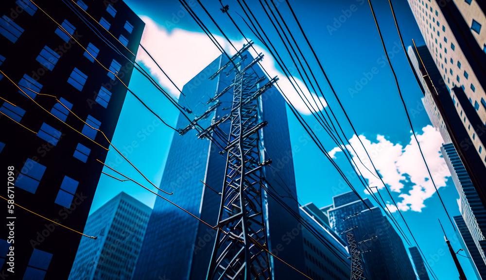 Poster high rise building with power lines in the foreground. generative ai.