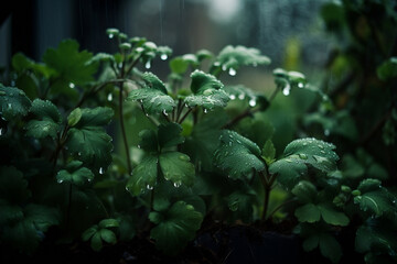 Fototapeta na wymiar The rain falls on the plants. AI Generated