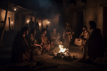Fototapeta na wymiar People sitting the fire night Roman Empire. AI Generated