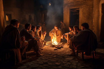 People sitting the fire night Roman Empire. AI Generated