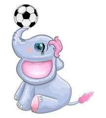 Cute cartoon elephant, children's character with beautiful eyes with a soccer ball, games for children and adults