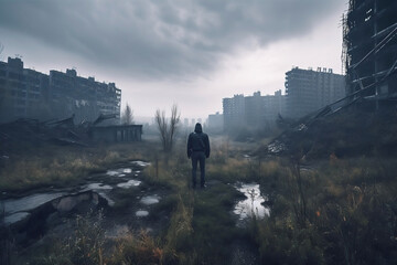 lonely stalker and ruined deserted city. AI Generated
