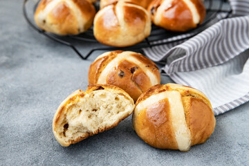 Traditional hot cross buns freshly baked for Easter