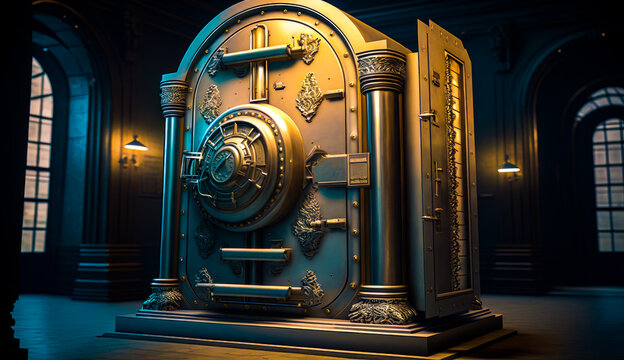 Large metal safe in dimly lit room. Generative AI.