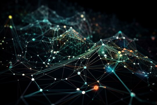 A clean and detailed illustration of a complex network of interconnected geometric shapes, on black background Generative AI