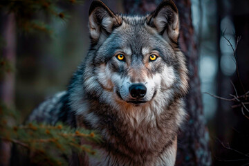 Fototapeta premium Gray wolf with golden eyes staring at the camera, AI Generated