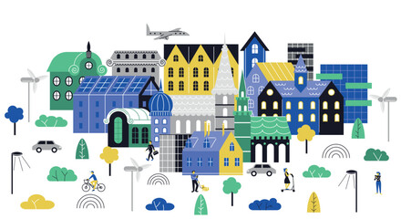 Smart city concept. Urban architecture and infrastructure. Landscape with Multicolored buildings next to highway for cars. Cityscape with airplanes and people walking. Cartoon flat vector illustration