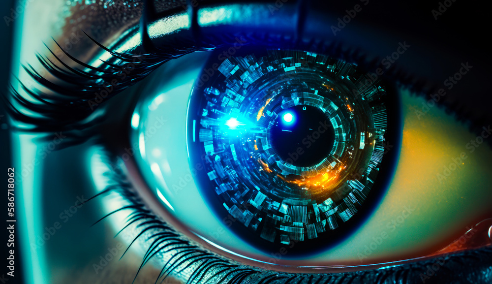 Poster close up of person's eye with the reflection of building in. generative ai.