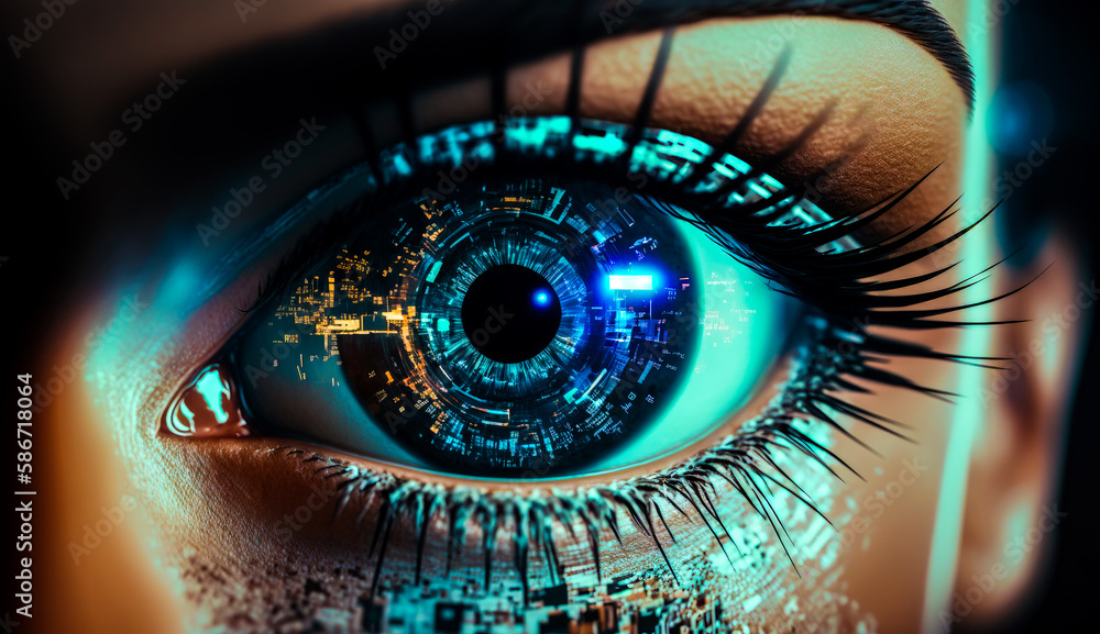 Poster close up of person's eye with futuristic interface in the background. generative ai.
