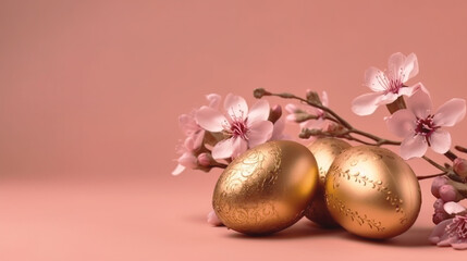 golden Easter eggs and spring flowers on a peach background. Spring break concept with copy space. Top view