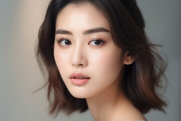 Naklejka premium Beautiful young Asian woman with clean fresh skin isolated on white background, Face care, Facial treatment, Cosmetology, beauty and spa, Asian women portrait generative ai