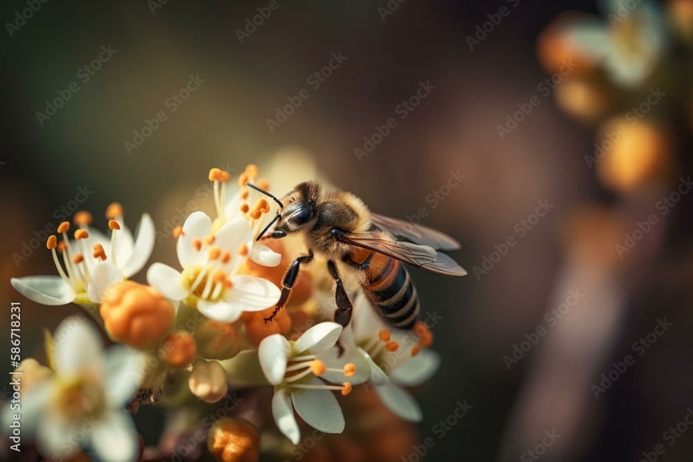 Poster a bee collecting nectar, bokeh generative ai