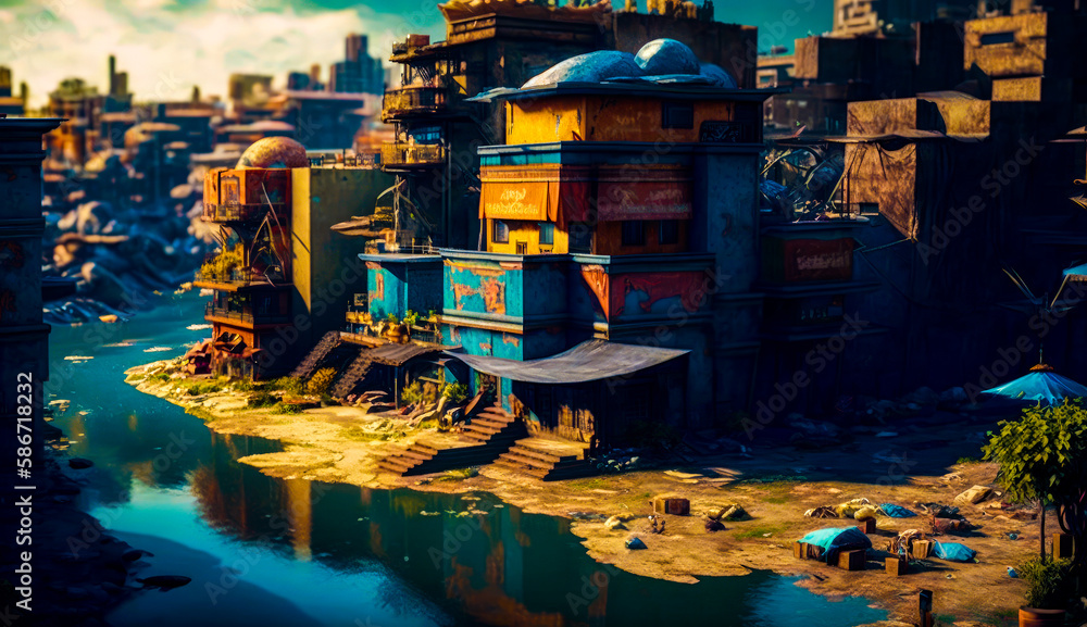 Poster computer generated image of futuristic city. generative ai.