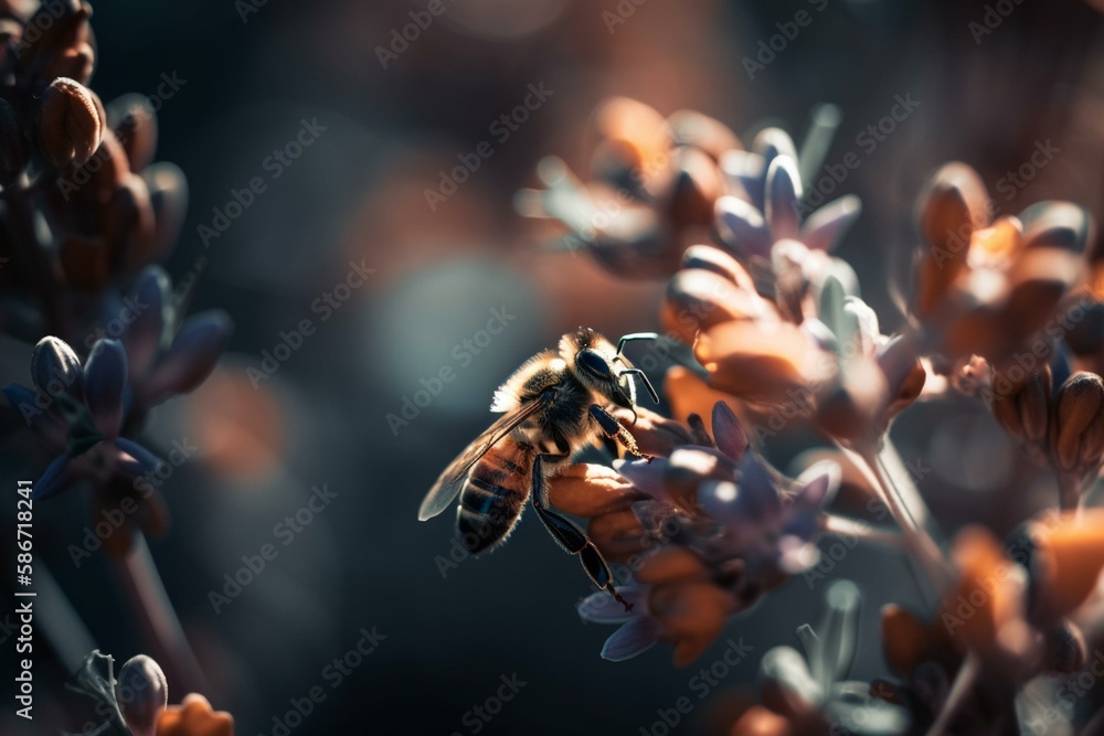Poster a bee collecting nectar, bokeh generative ai