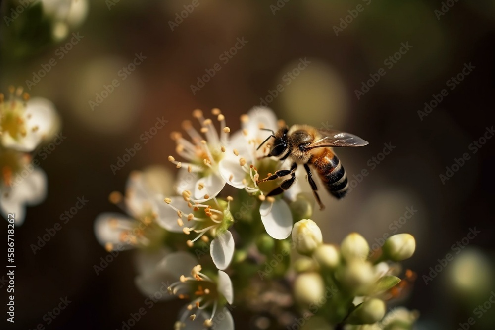 Poster a bee collecting nectar, bokeh generative ai
