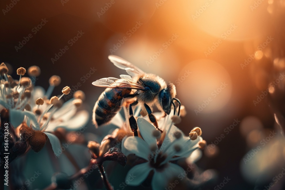 Poster a bee collecting nectar, bokeh generative ai