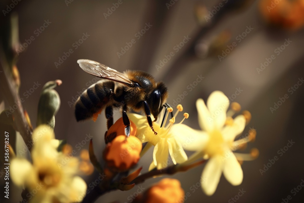 Poster a bee collecting nectar, bokeh generative ai