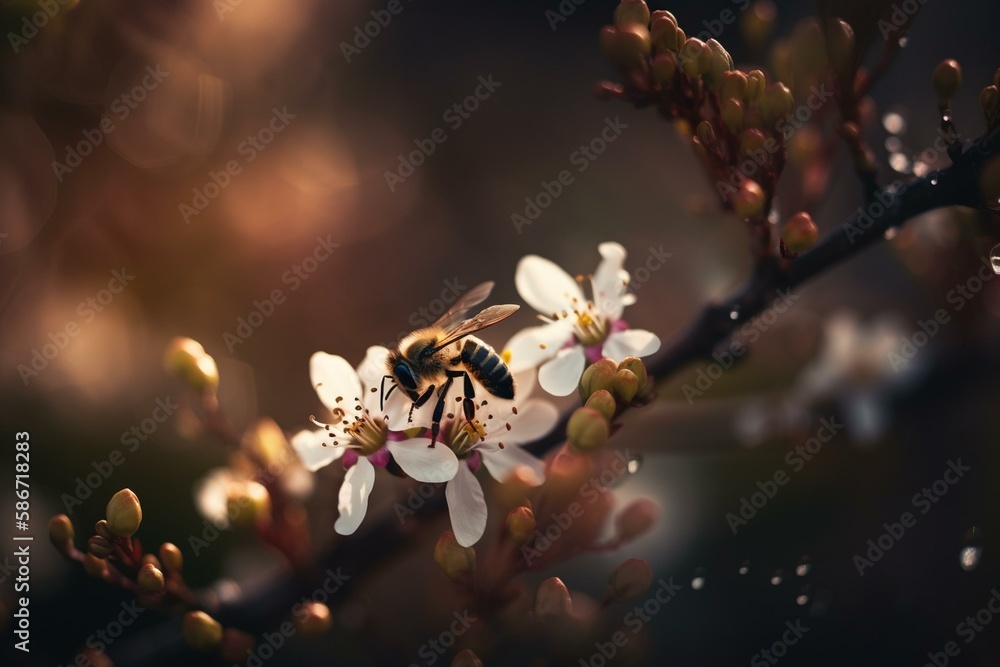 Poster a bee collecting nectar, bokeh generative ai