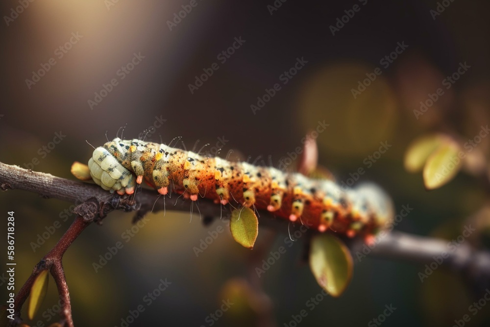 Poster a caterpillar on a branch, bokeh generative ai