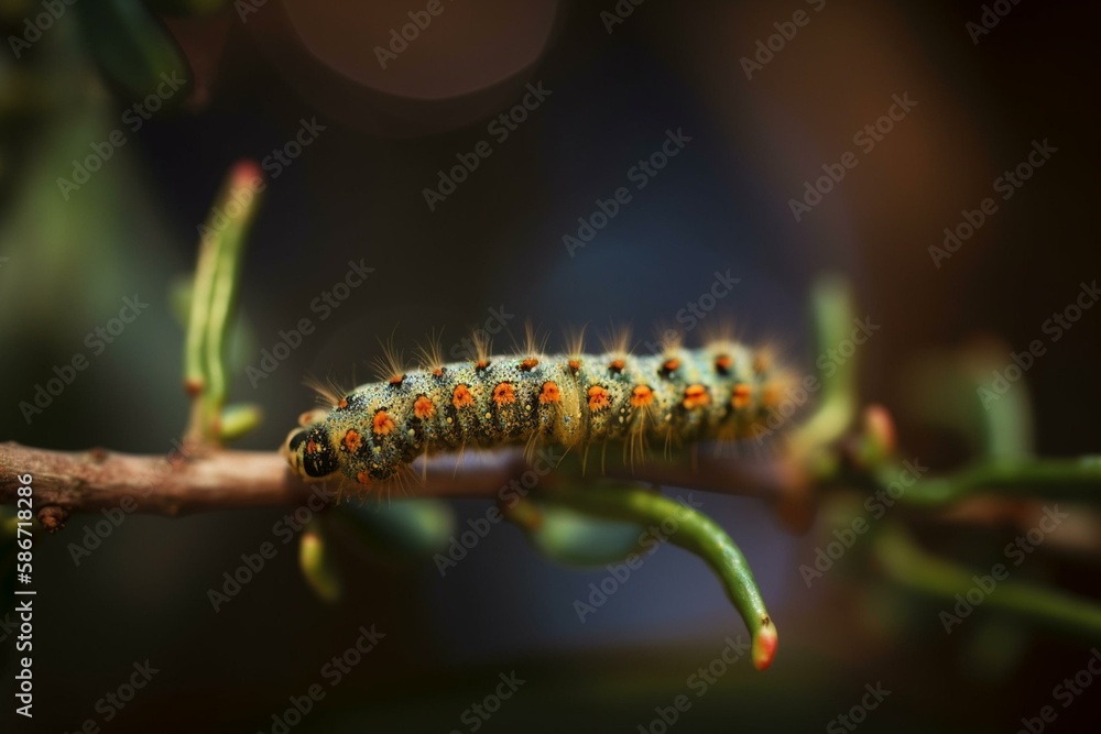 Poster a caterpillar on a branch, bokeh generative ai