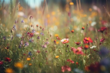 Obraz na płótnie Canvas A field of colorful wildflowers, bokeh Generative AI