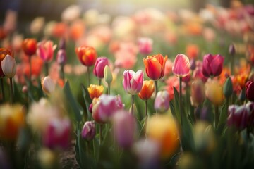 A colorful tulip field, bokeh Generative AI
