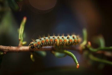 Naklejka premium A caterpillar on a branch, bokeh Generative AI