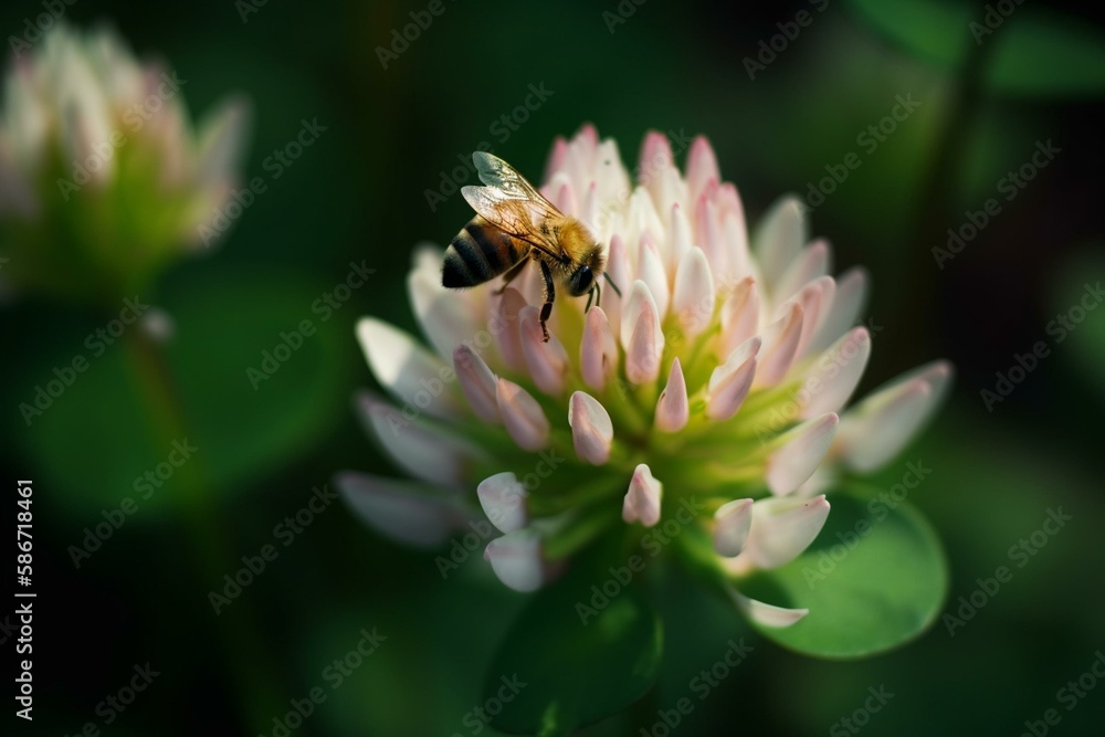 Poster a bee on a clover flower, bokeh generative ai
