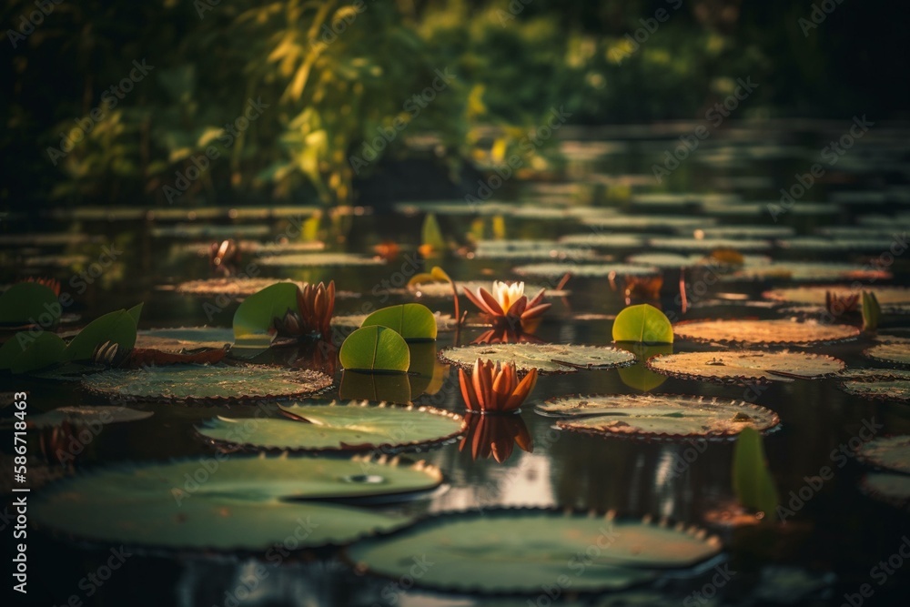 Poster a pond with lily pads, bokeh generative ai