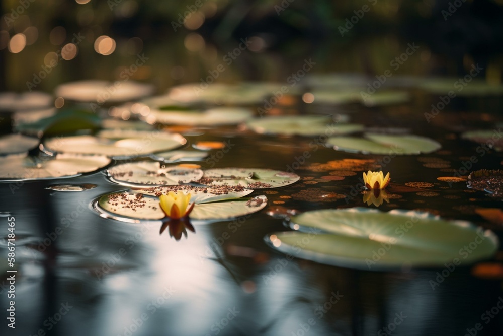 Poster a pond with lily pads, bokeh generative ai