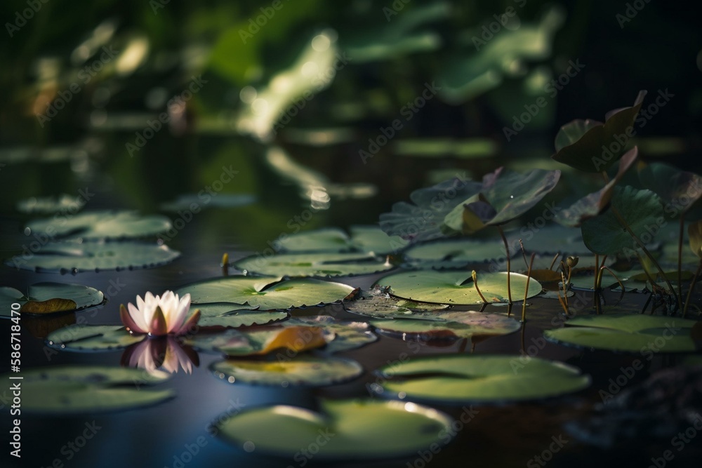 Poster a pond with lily pads, bokeh generative ai
