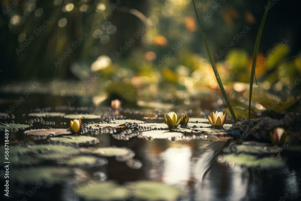 Poster a pond with lily pads, bokeh generative ai