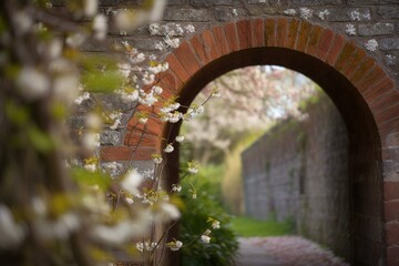 A blossom-covered archway, bokeh Generative AI