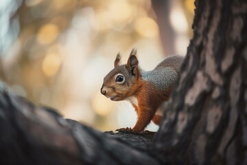 A squirrel climbing a tree, bokeh Generative AI