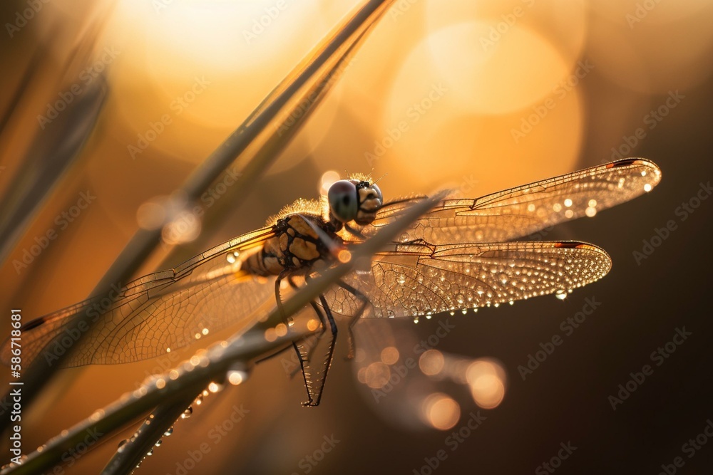 Poster a dragonfly on a reed, bokeh generative ai