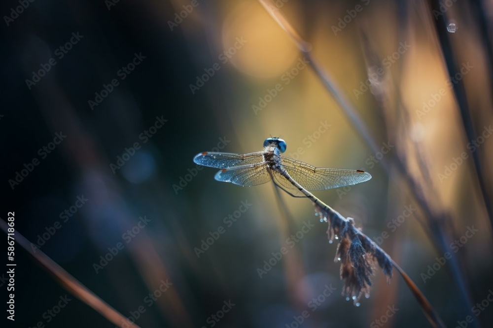 Poster a dragonfly on a reed, bokeh generative ai