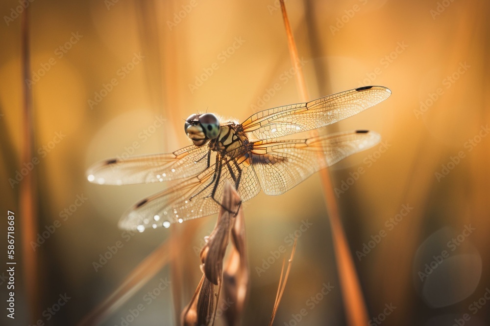 Poster a dragonfly on a reed, bokeh generative ai