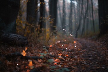 Obraz premium A hiking trail in the woods, bokeh Generative AI