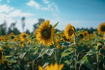 Fototapeta premium A sunflower field with a blue sky, bokeh Generative AI