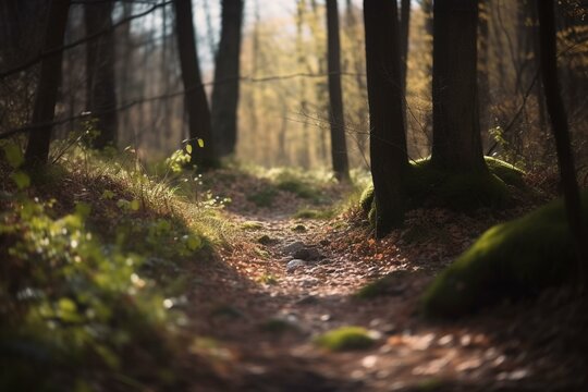 A hiking trail in the woods, bokeh Generative AI